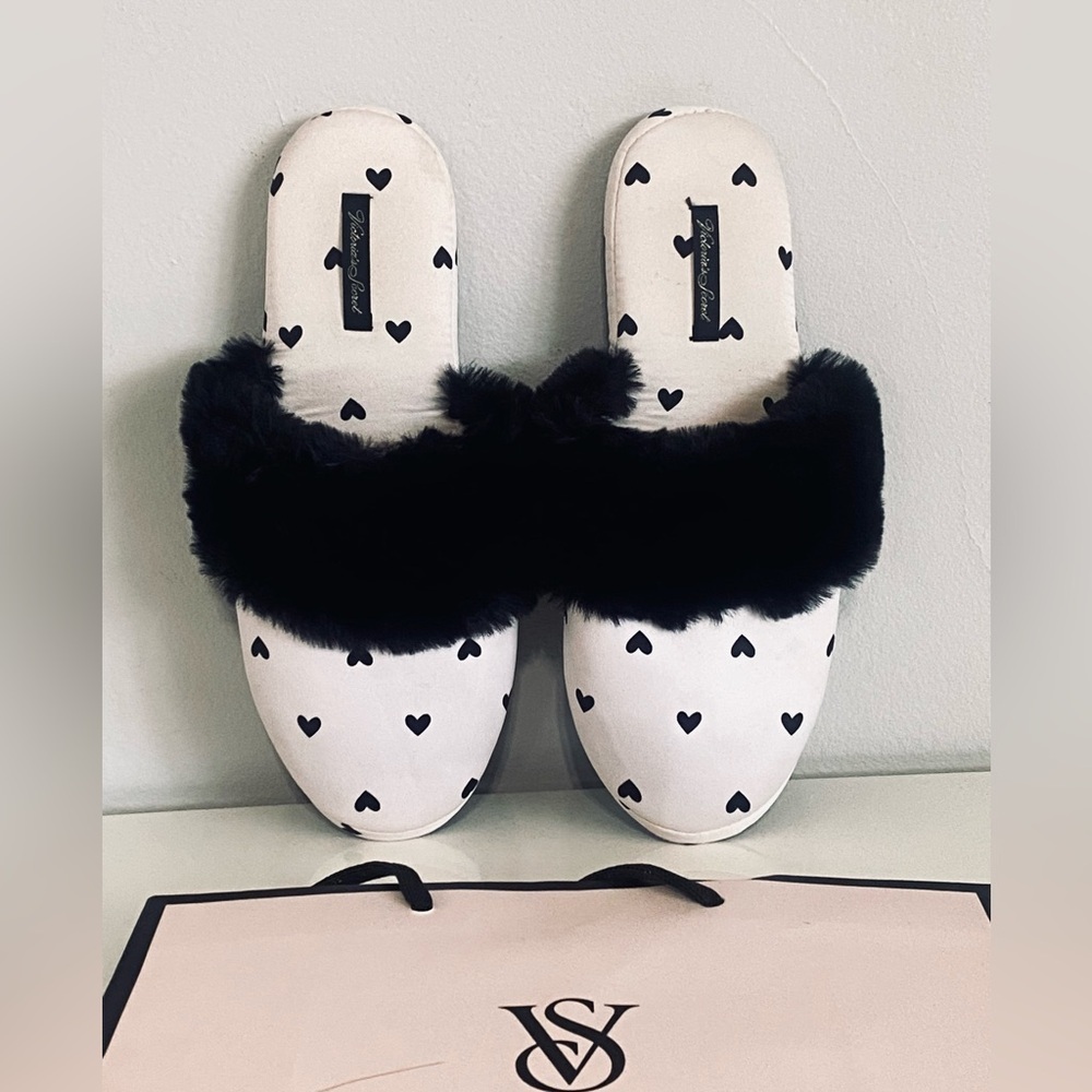 Victoria's Secret Black and White Heart Slippers